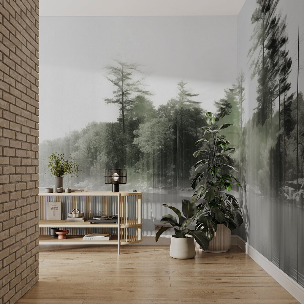 Body of water with trees and fog Body of water with trees and fog