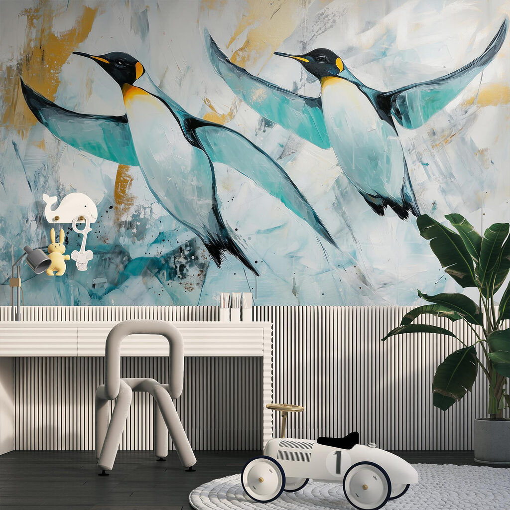 Painting of penguins flying Painting of penguins flying