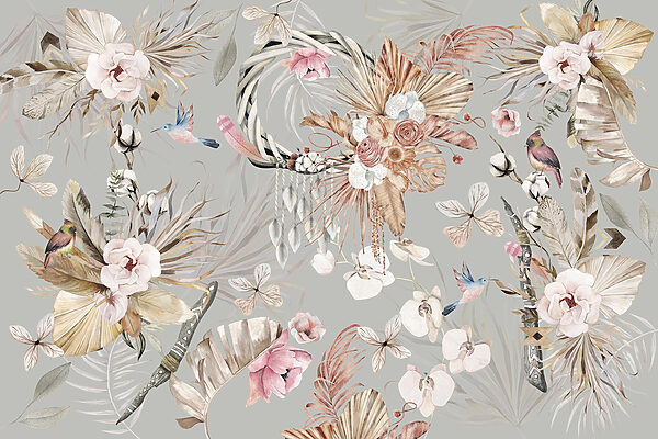 Wallpaper with flowers and feathers Wallpaper with flowers and feathers