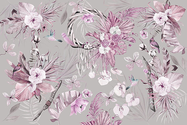 Wallpaper with flowers and feathers Wallpaper with flowers and feathers