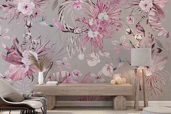 Wallpaper with flowers and feathers Wallpaper with flowers and feathers