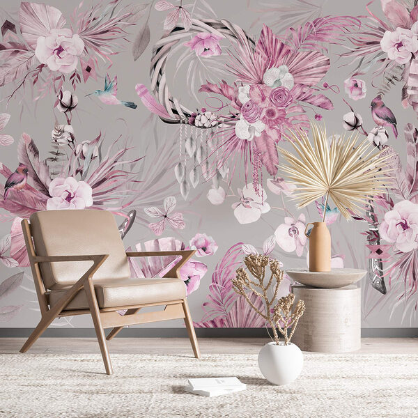 Wallpaper with flowers and feathers Wallpaper with flowers and feathers