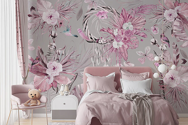 Wallpaper with flowers and feathers Wallpaper with flowers and feathers