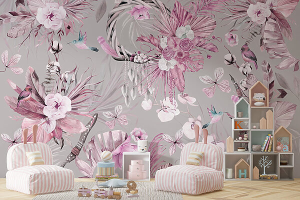 Wallpaper with flowers and feathers Wallpaper with flowers and feathers