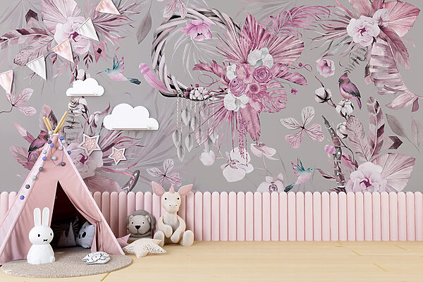 Wallpaper with flowers and feathers Wallpaper with flowers and feathers
