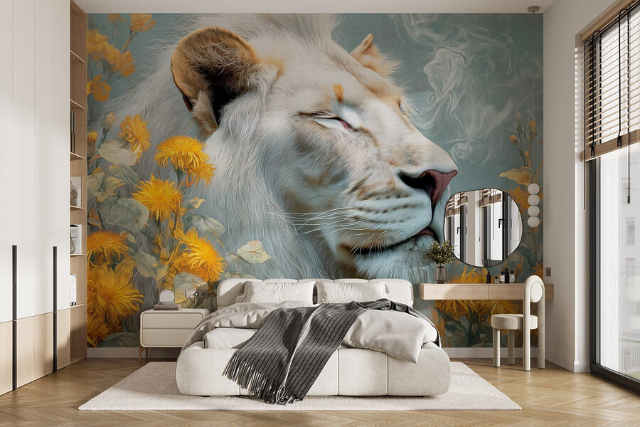 Wall murals Lion with flowers and smoke