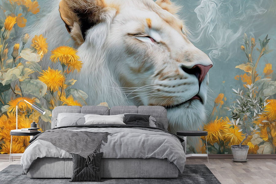 Wall murals Lion with flowers and smoke - Image 2