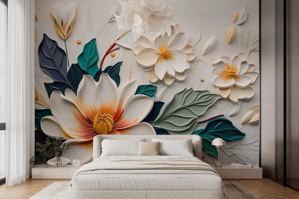 Wall murals White and yellow flower with leaves : w03904 - Tapeko.ie