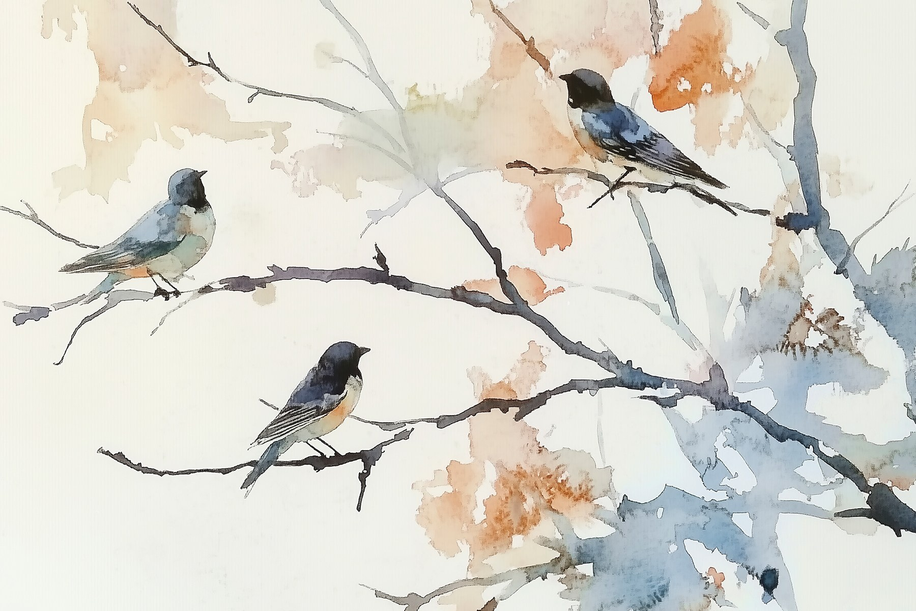 Watercolor of birds on a tree branch