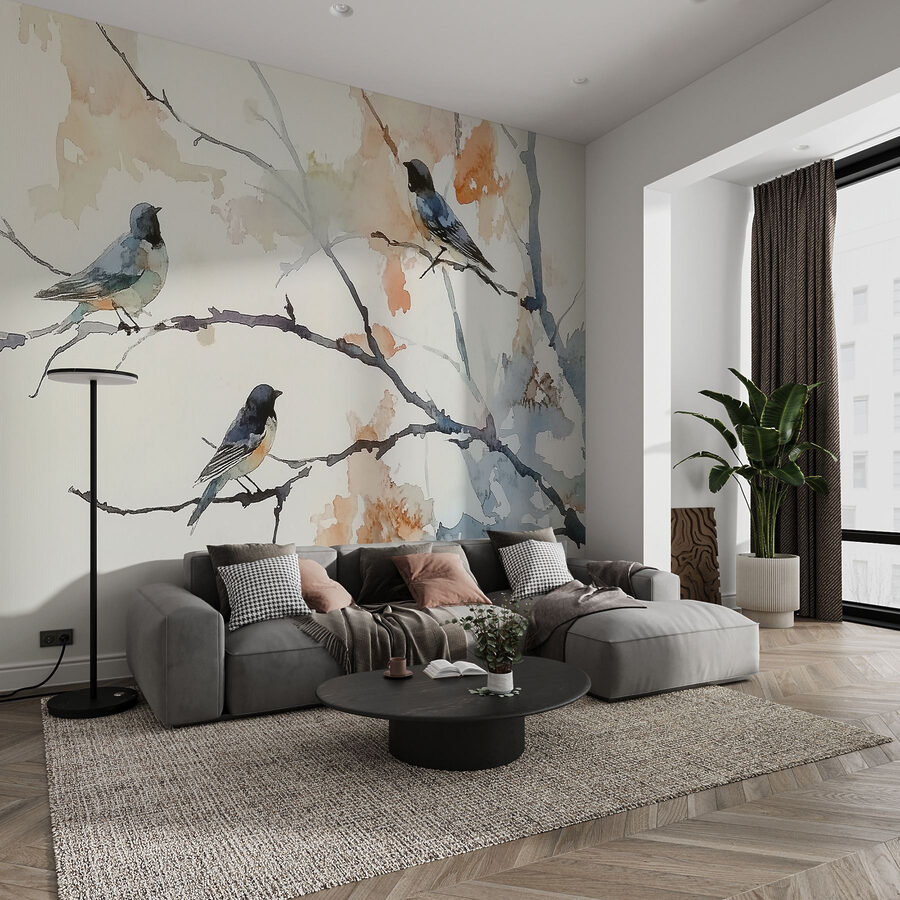 Watercolor of birds on a tree branch