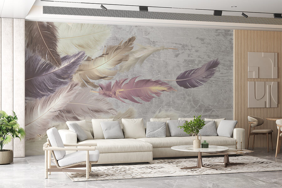 Group of feathers flying