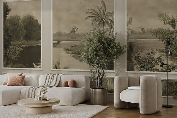 A wall with a painting of trees and a river