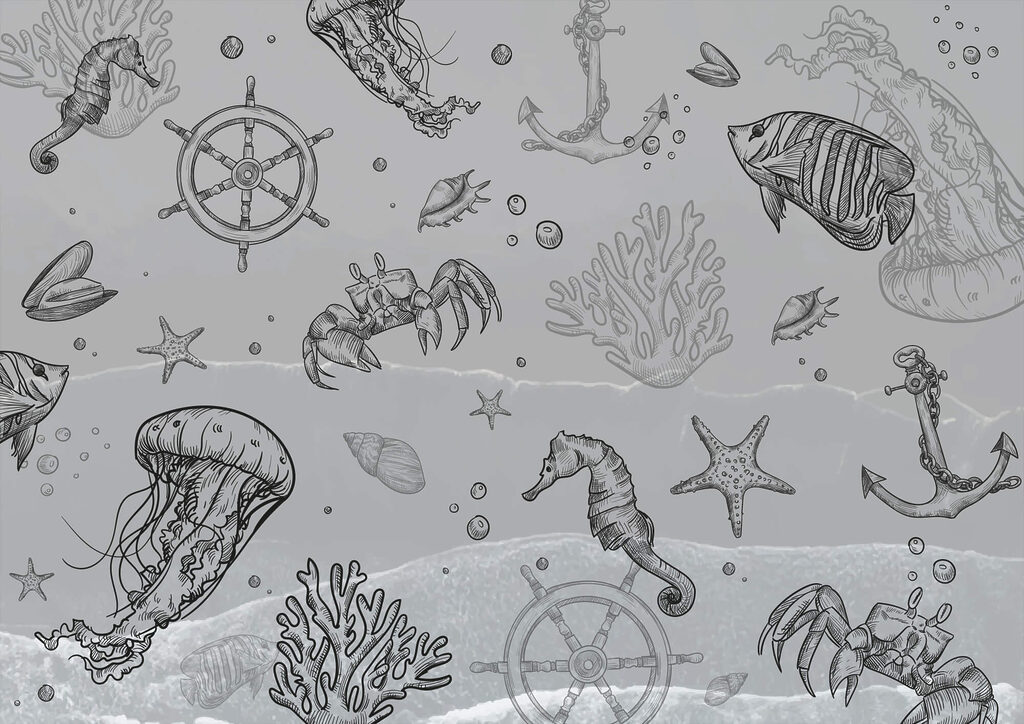 Grey background with sea creatures Grey background with sea creatures