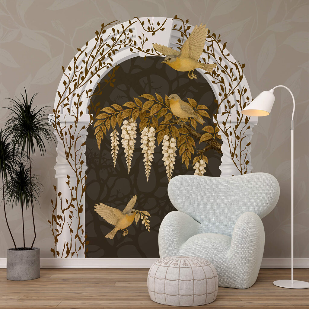 White arch with birds flying over it