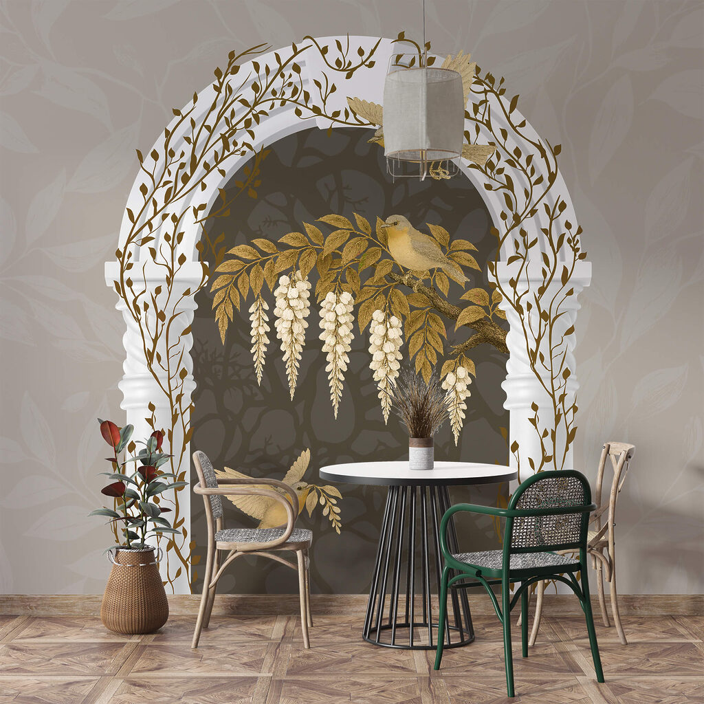 White arch with birds flying over it