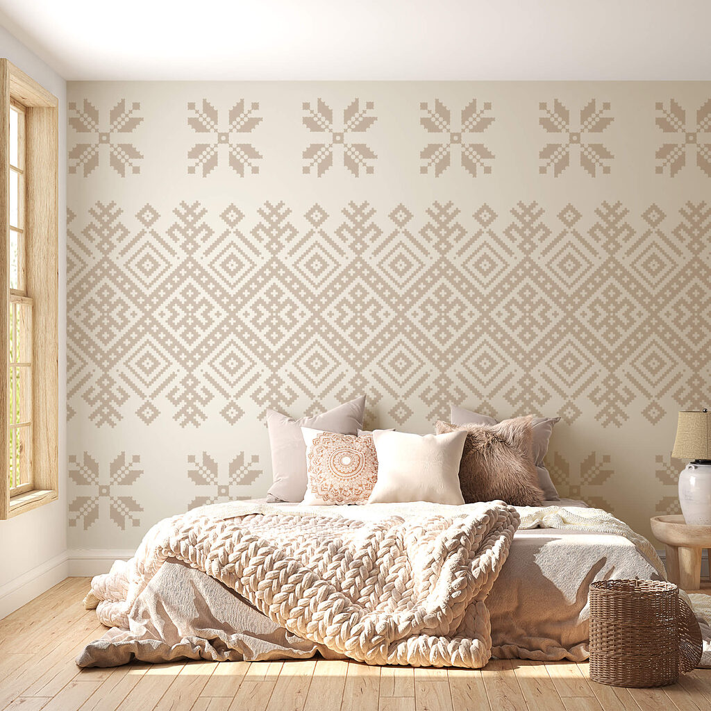 Pattern of geometric shapes and flowers