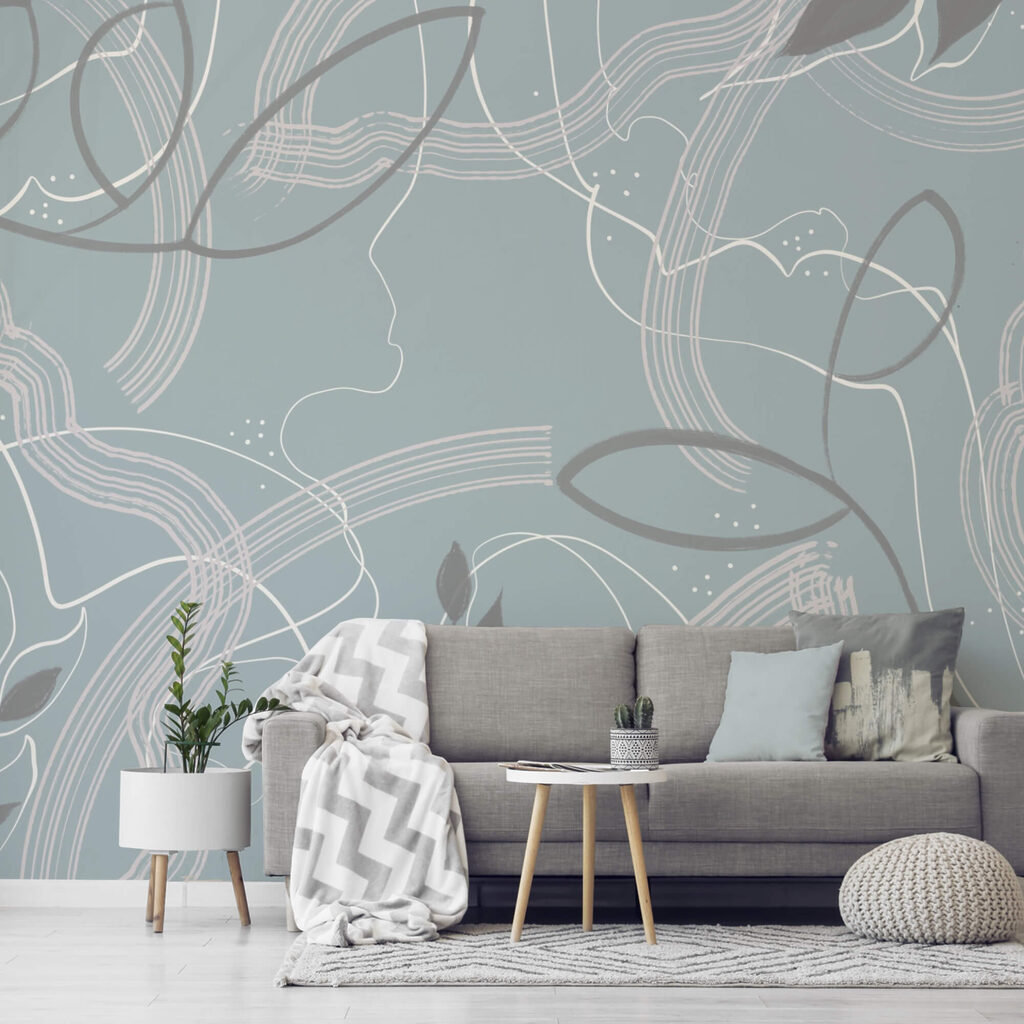 Blue and white background with leaves and lines Blue and white background with leaves and lines