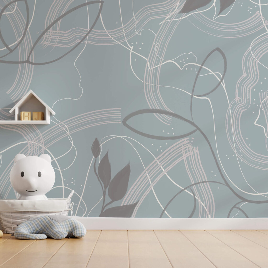 Blue and white background with leaves and lines Blue and white background with leaves and lines