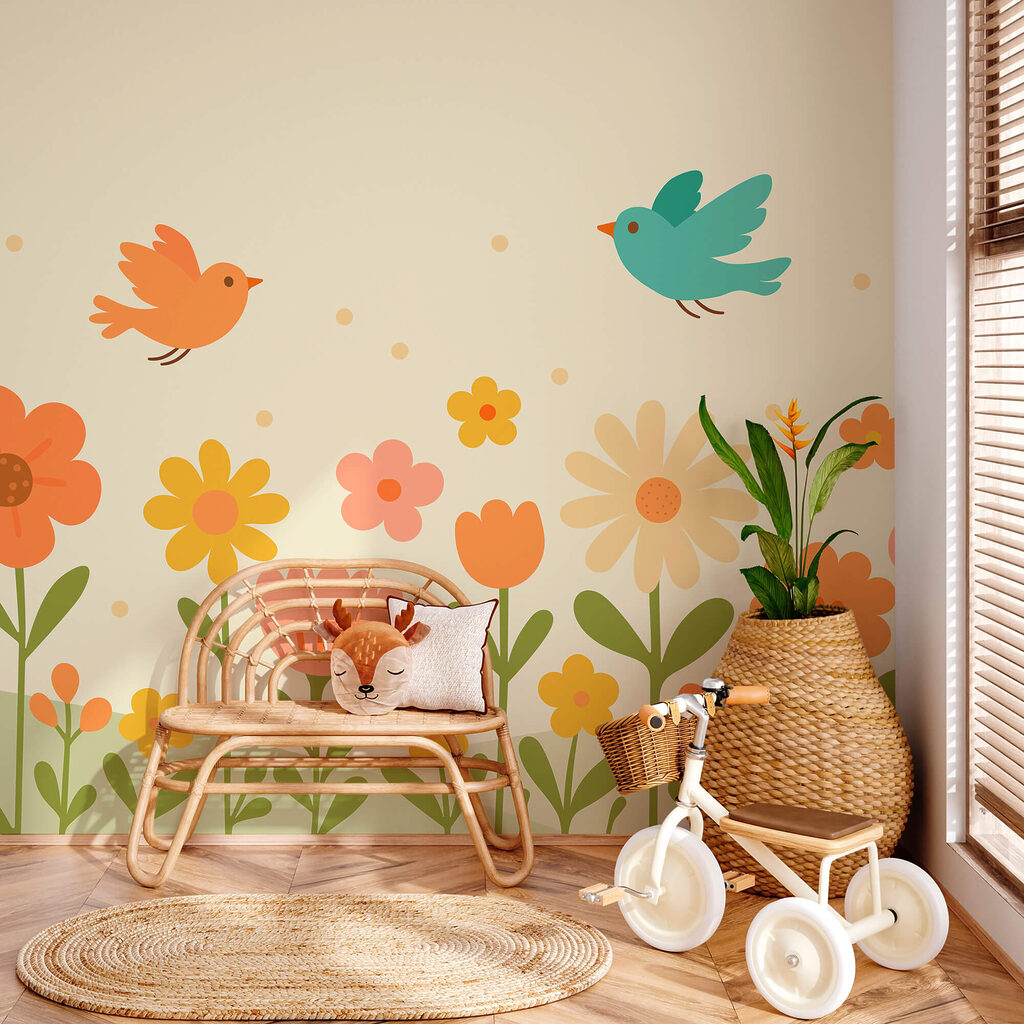 Birds flying over flowers