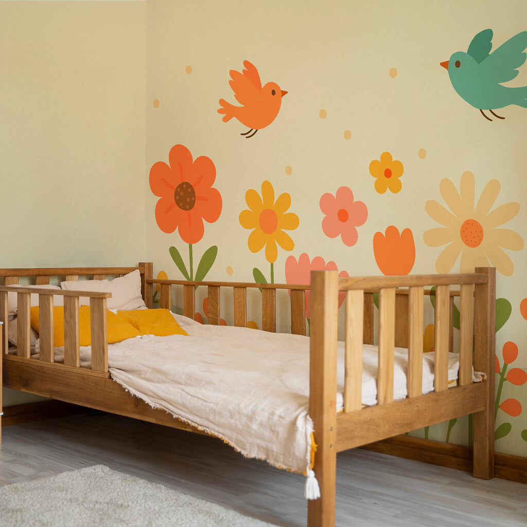 Birds flying over flowers