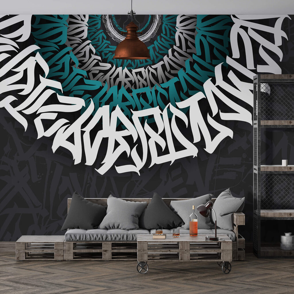 White and blue graffiti on a black background