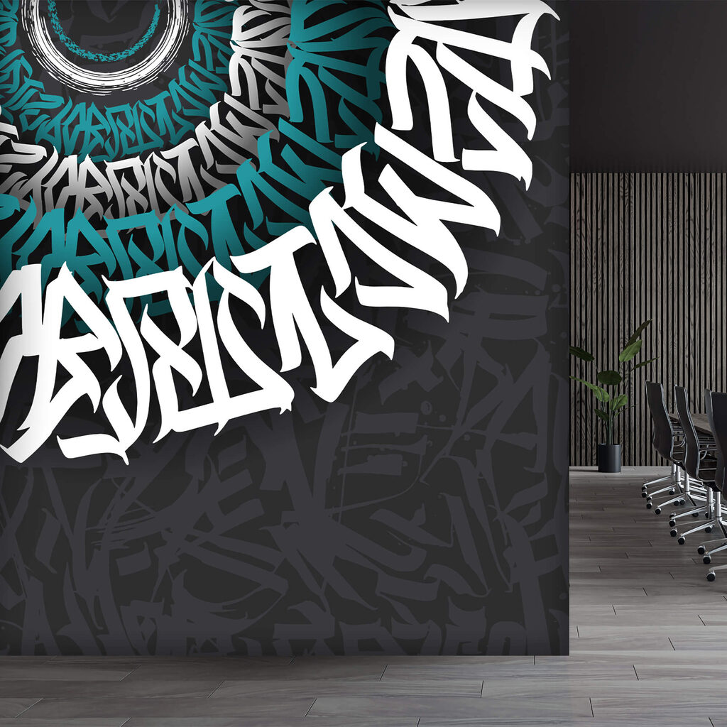 White and blue graffiti on a black background