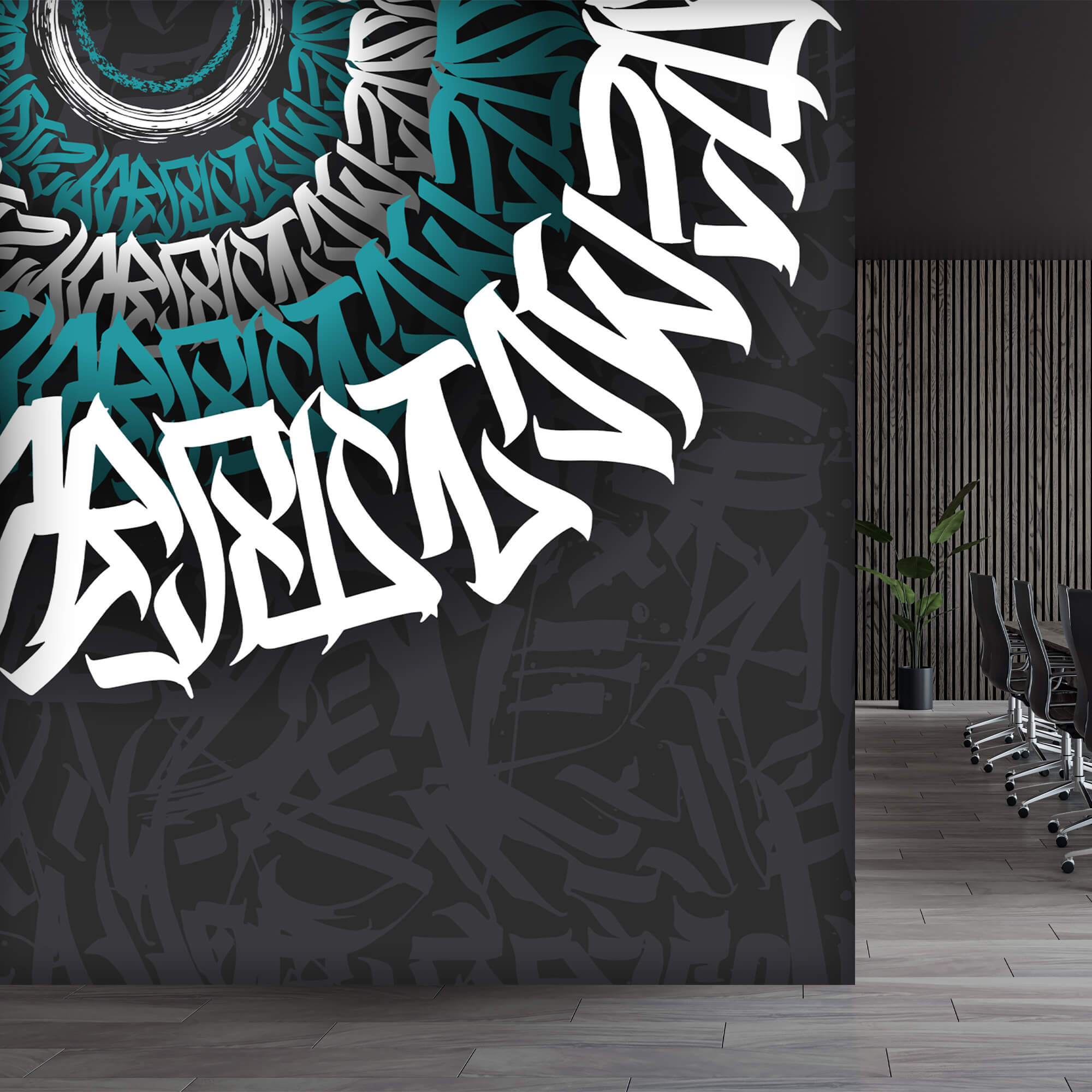 White and blue graffiti on a black background