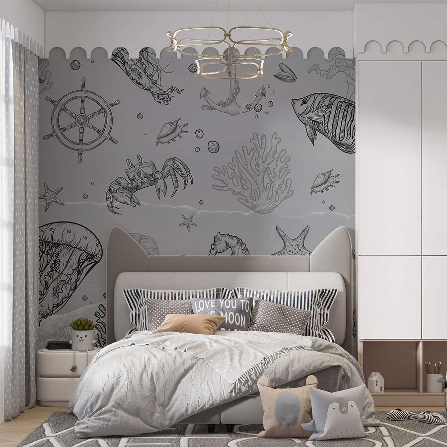 Grey background with sea creatures