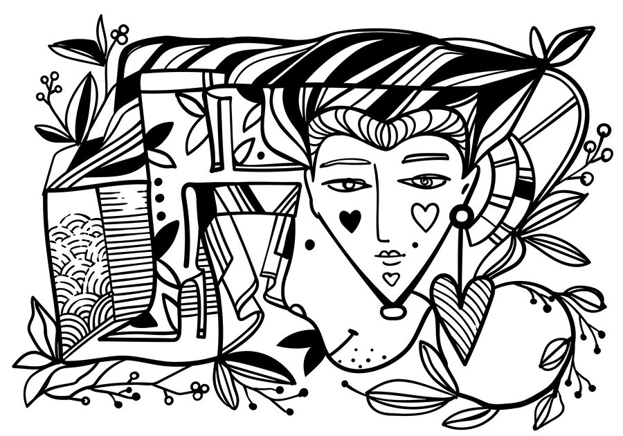 Black and white drawing of a person’s face