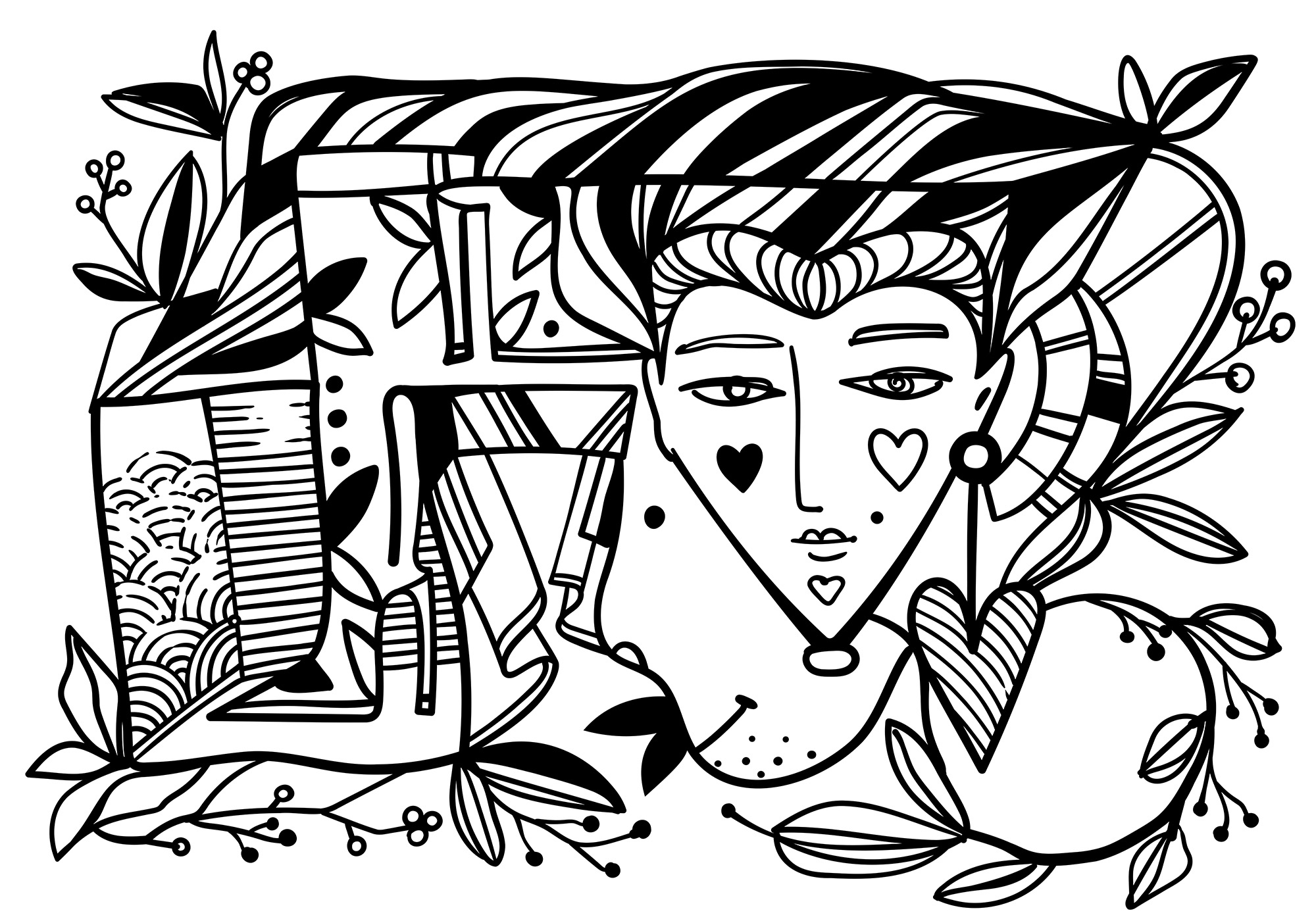 Black and white drawing of a person's face Black and white drawing of a person's face