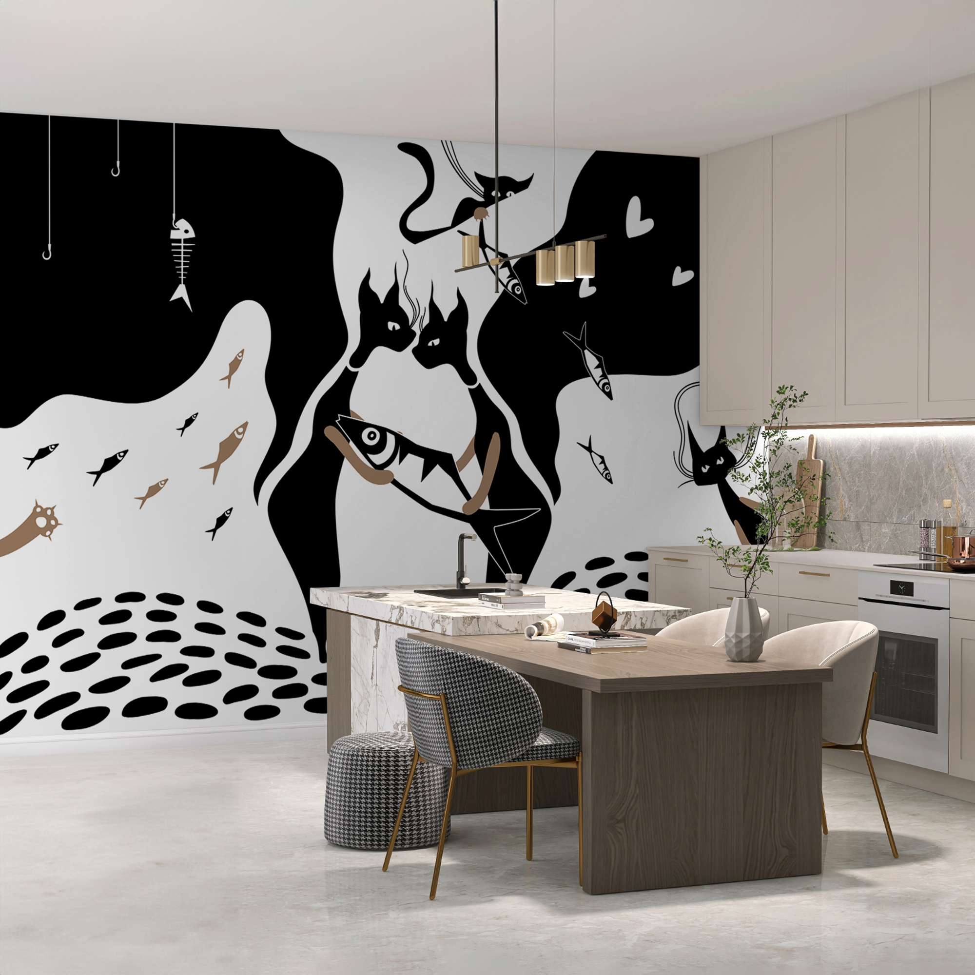 Black and white cat with fish and fish Black and white cat with fish and fish