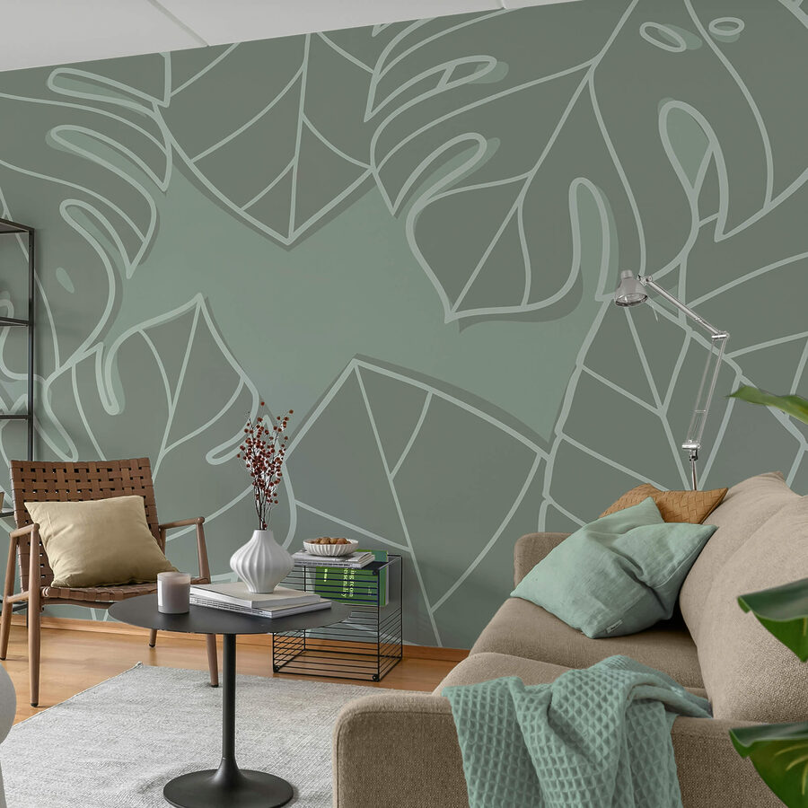 Wall murals Group of leaves on a gray background