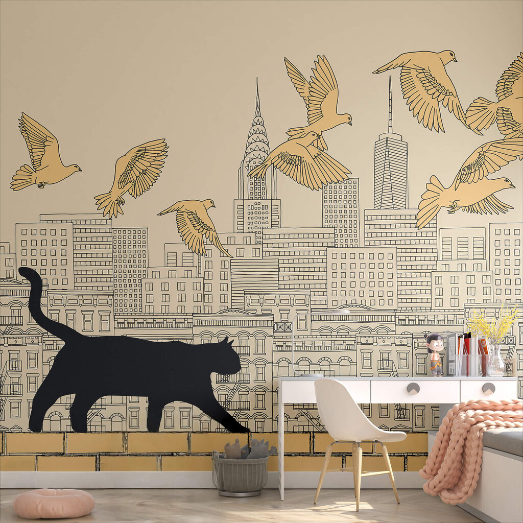 Cat walking on a wall with birds flying in the sky