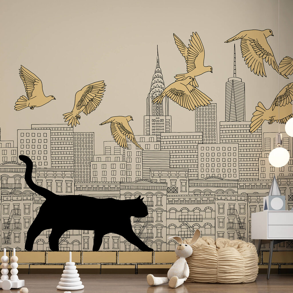 Cat walking on a wall with birds flying in the sky