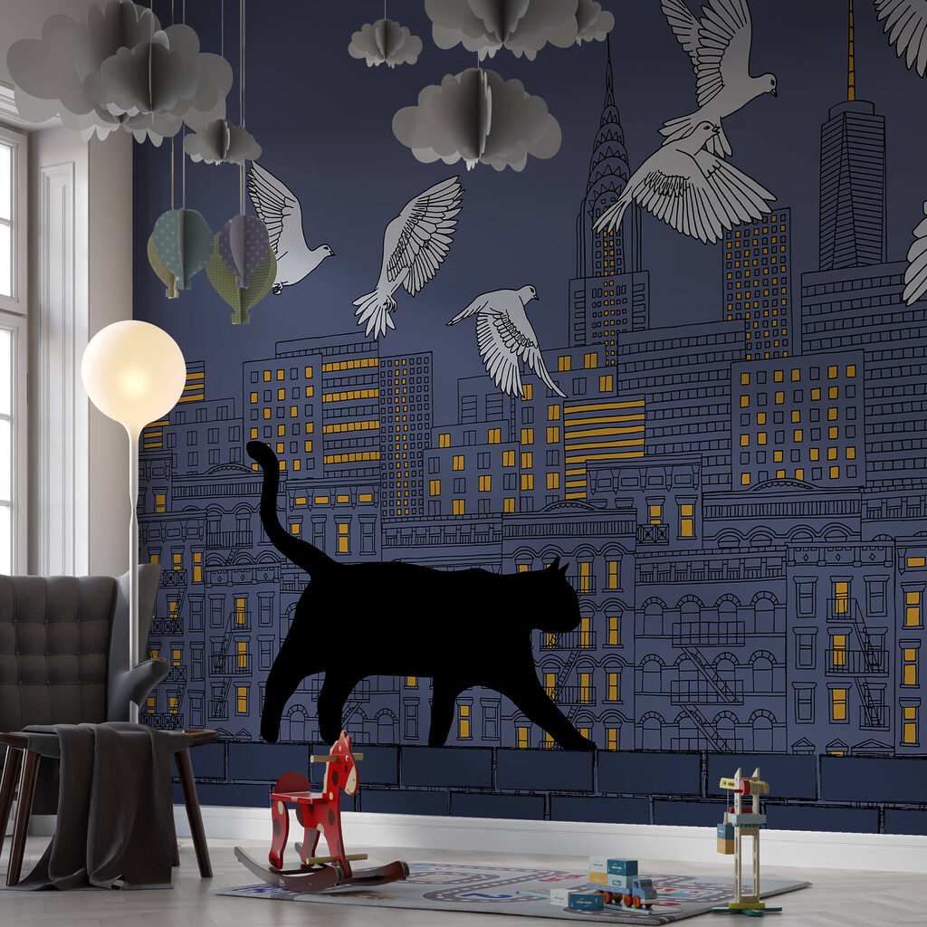 Cat walking on a wall with birds flying in the sky Cat walking on a wall with birds flying in the sky