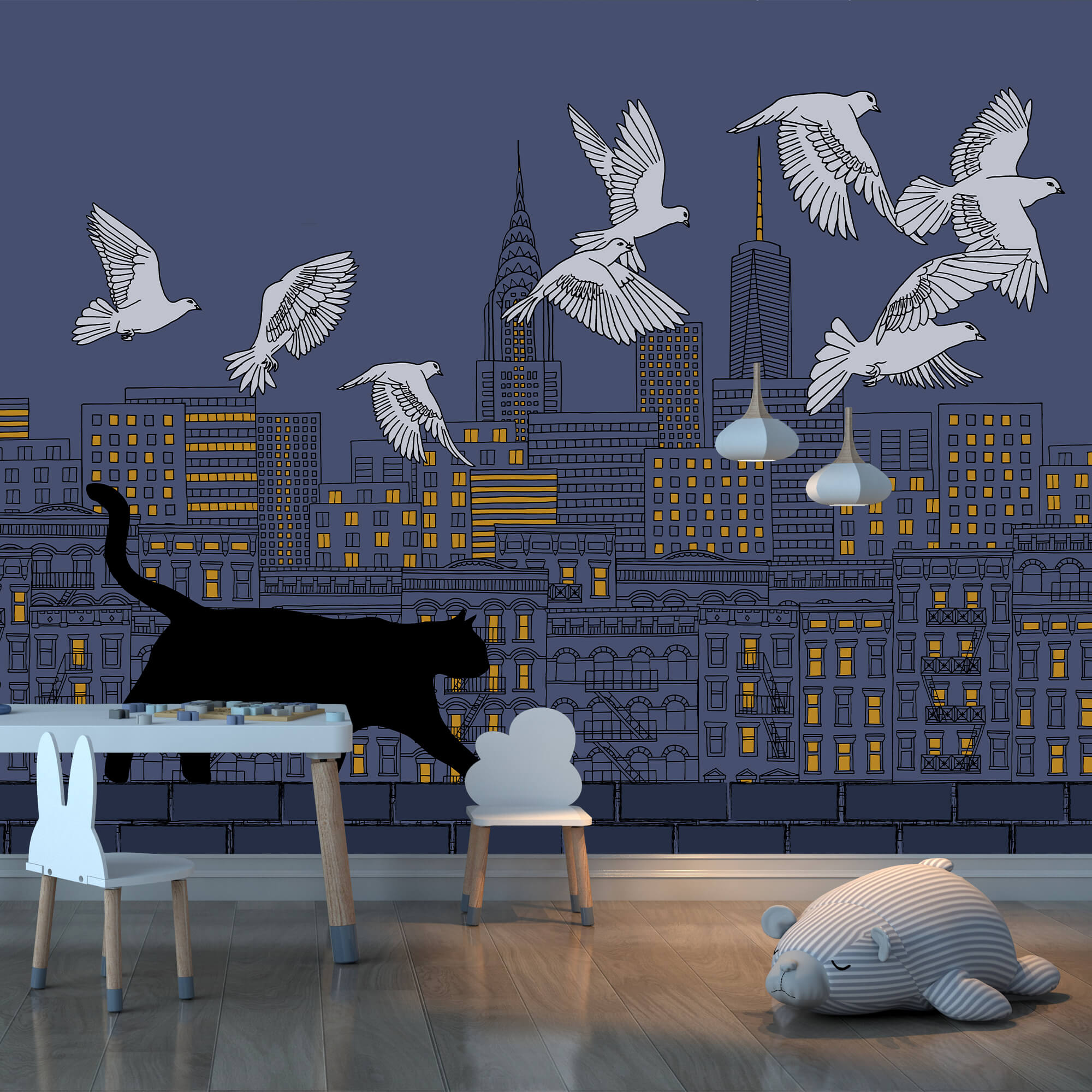Cat walking on a wall with birds flying in the sky Cat walking on a wall with birds flying in the sky