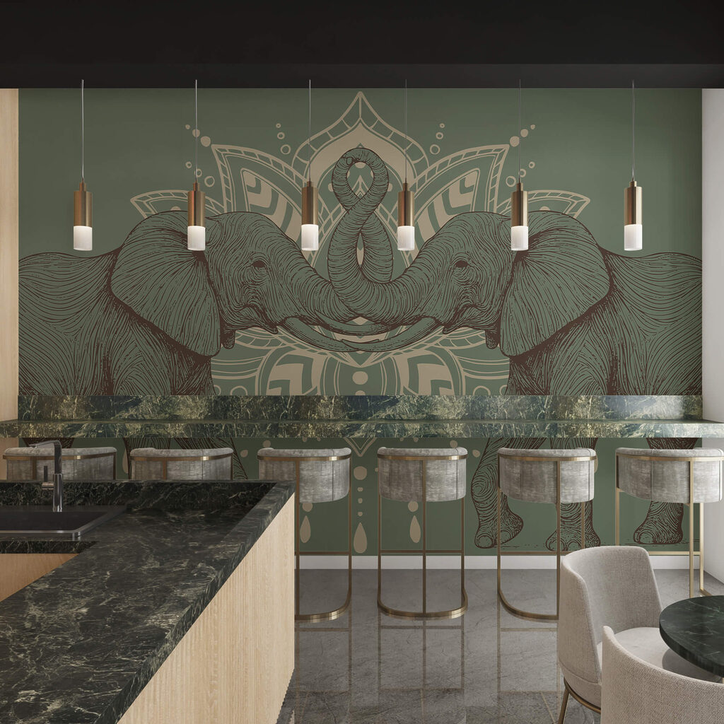 Two elephants with their trunks touching each other