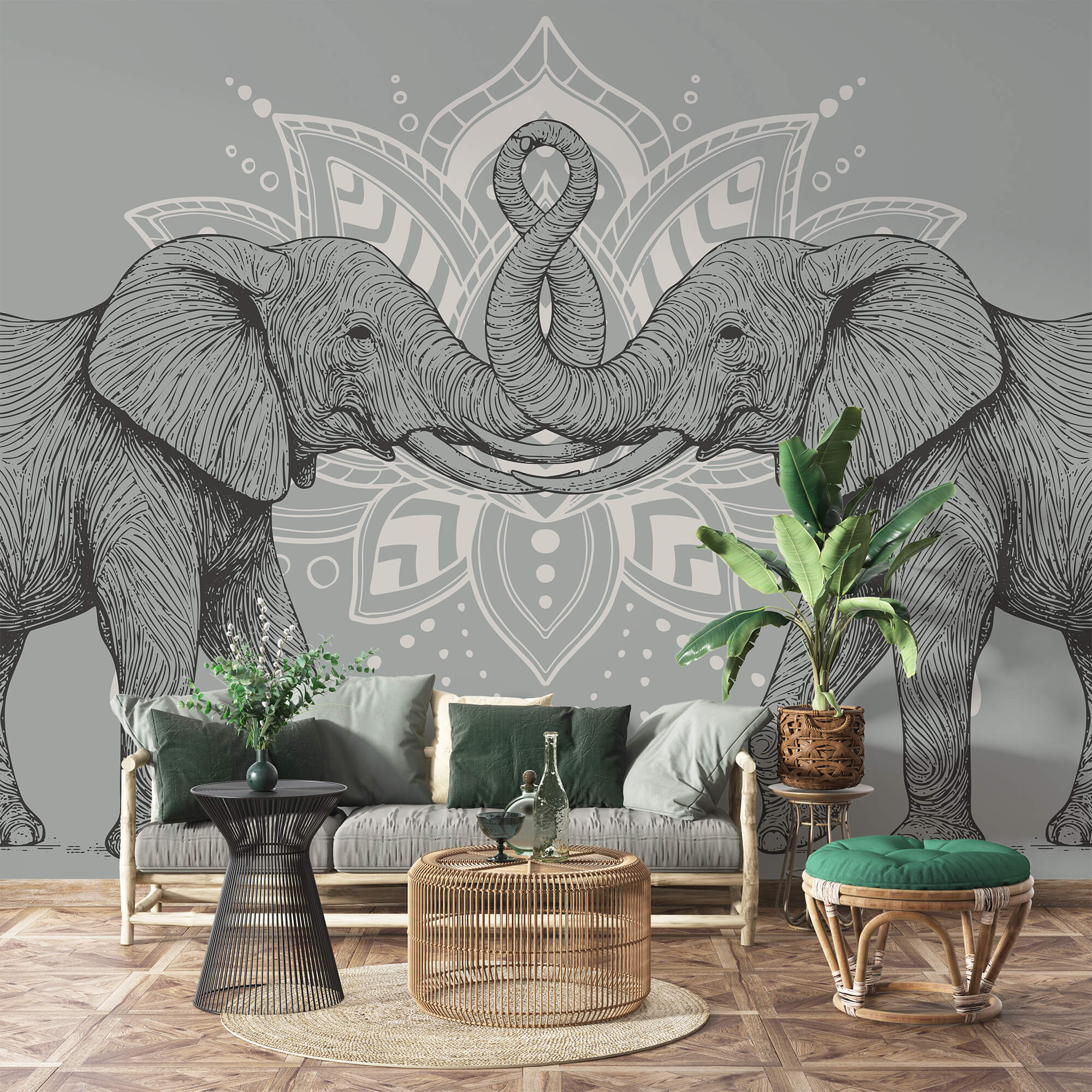 Two elephants with their trunks touching each other