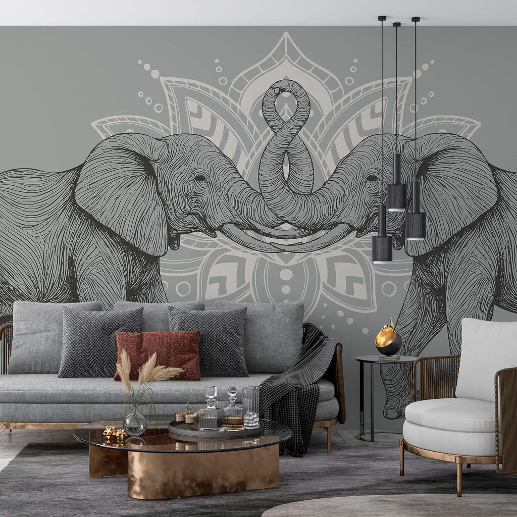 Two elephants with their trunks touching each other