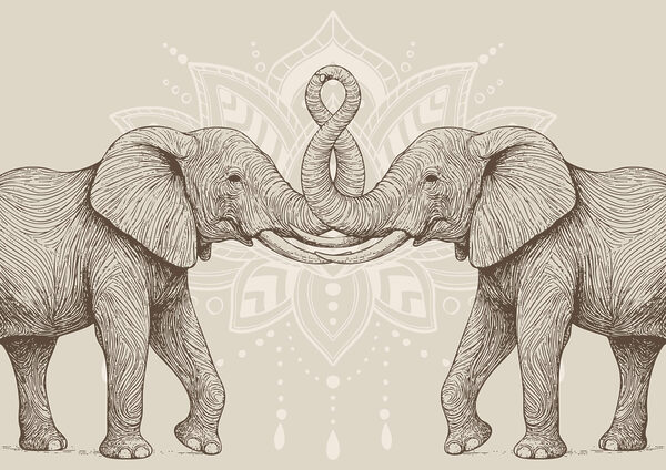 Two elephants with their trunks curled up Two elephants with their trunks curled up