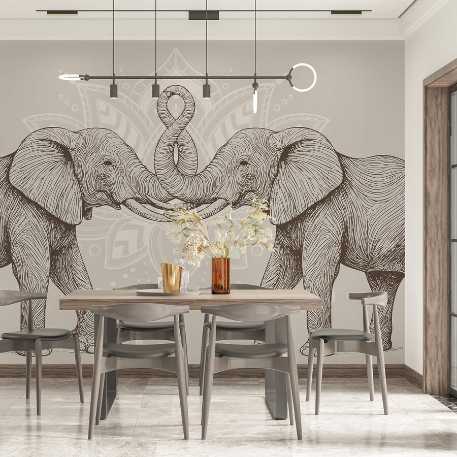 Two elephants with their trunks curled up Two elephants with their trunks curled up