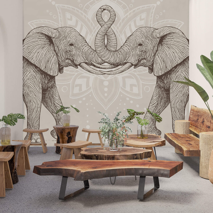 Two elephants with their trunks curled up Two elephants with their trunks curled up