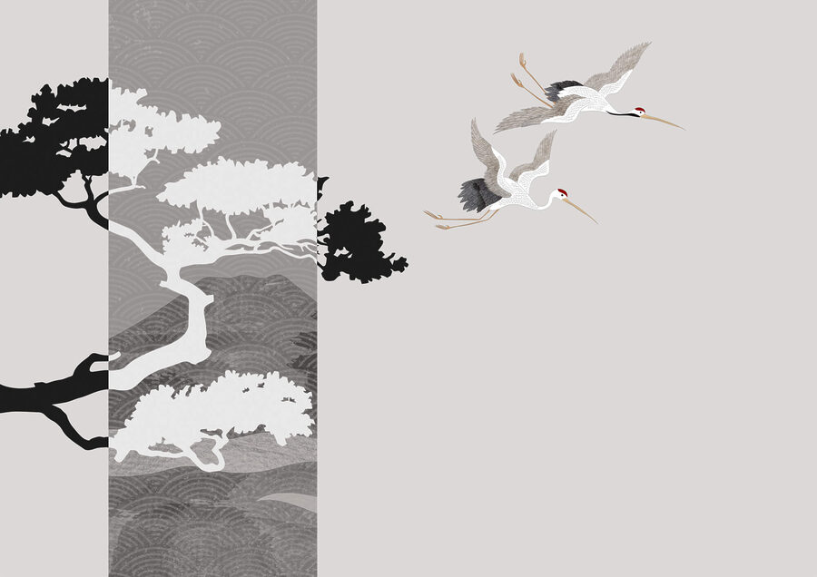 Wall murals Couple of cranes flying next to a tree - Image 3