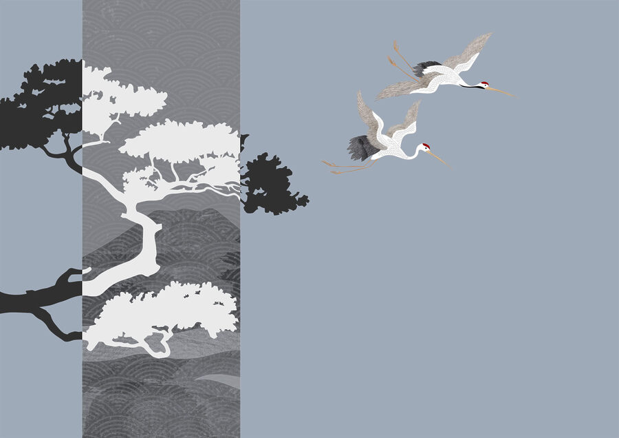Wall murals Couple of cranes flying next to a tree - Image 3