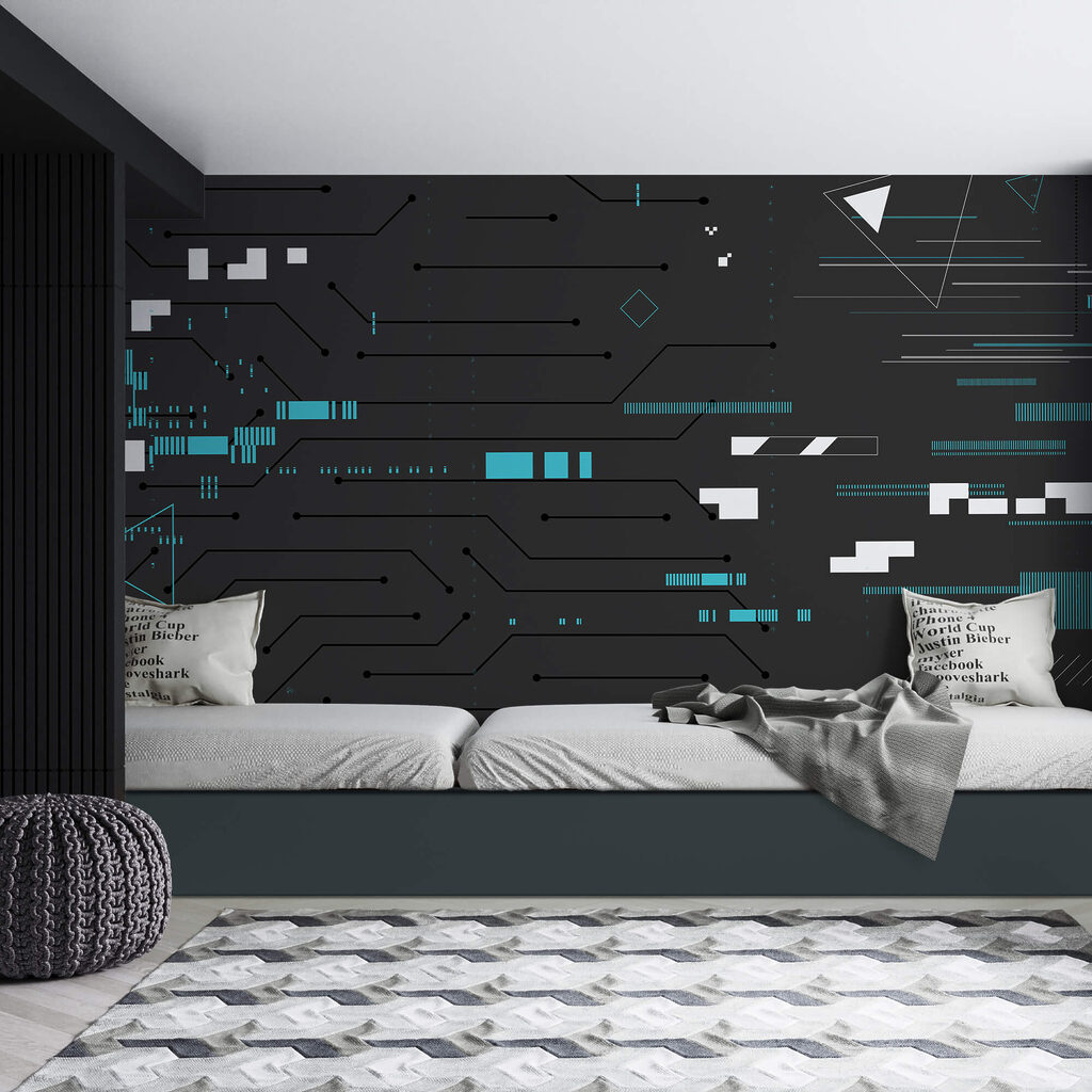 Black background with many lines and dots