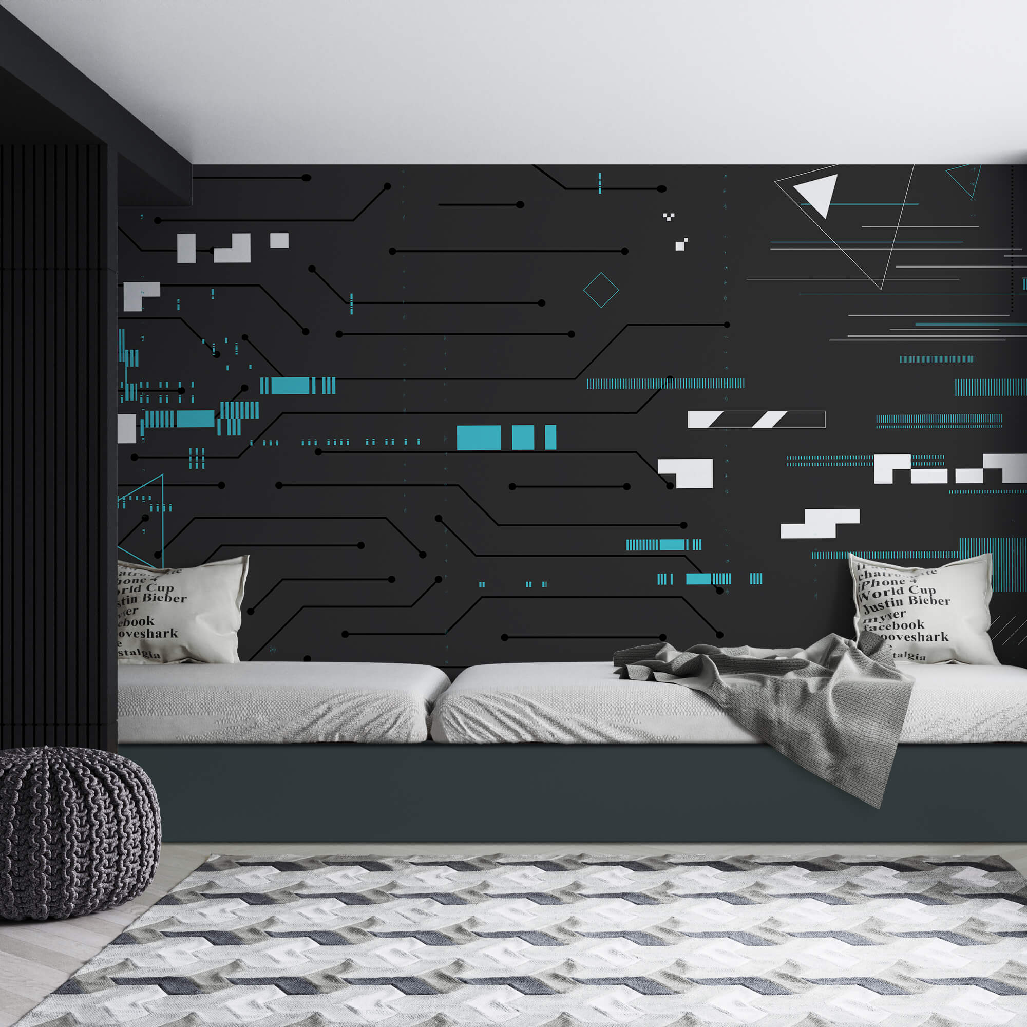 Black background with many lines and dots