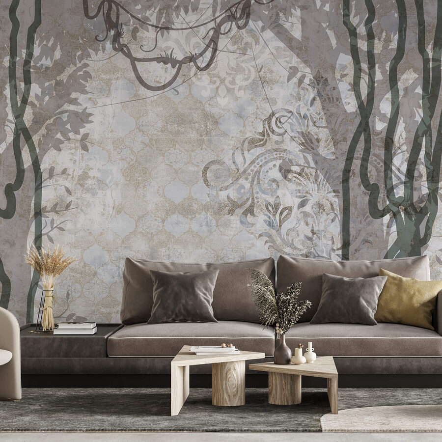 White wall with vines and leaves
