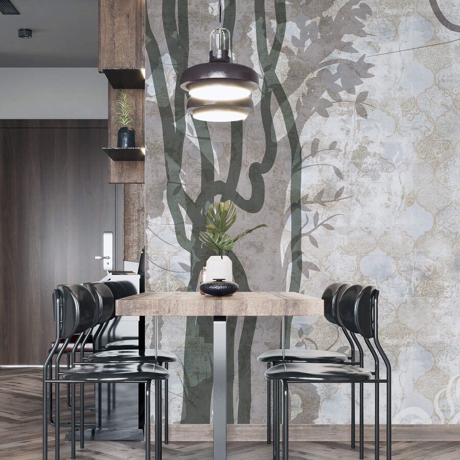 White wall with vines and leaves