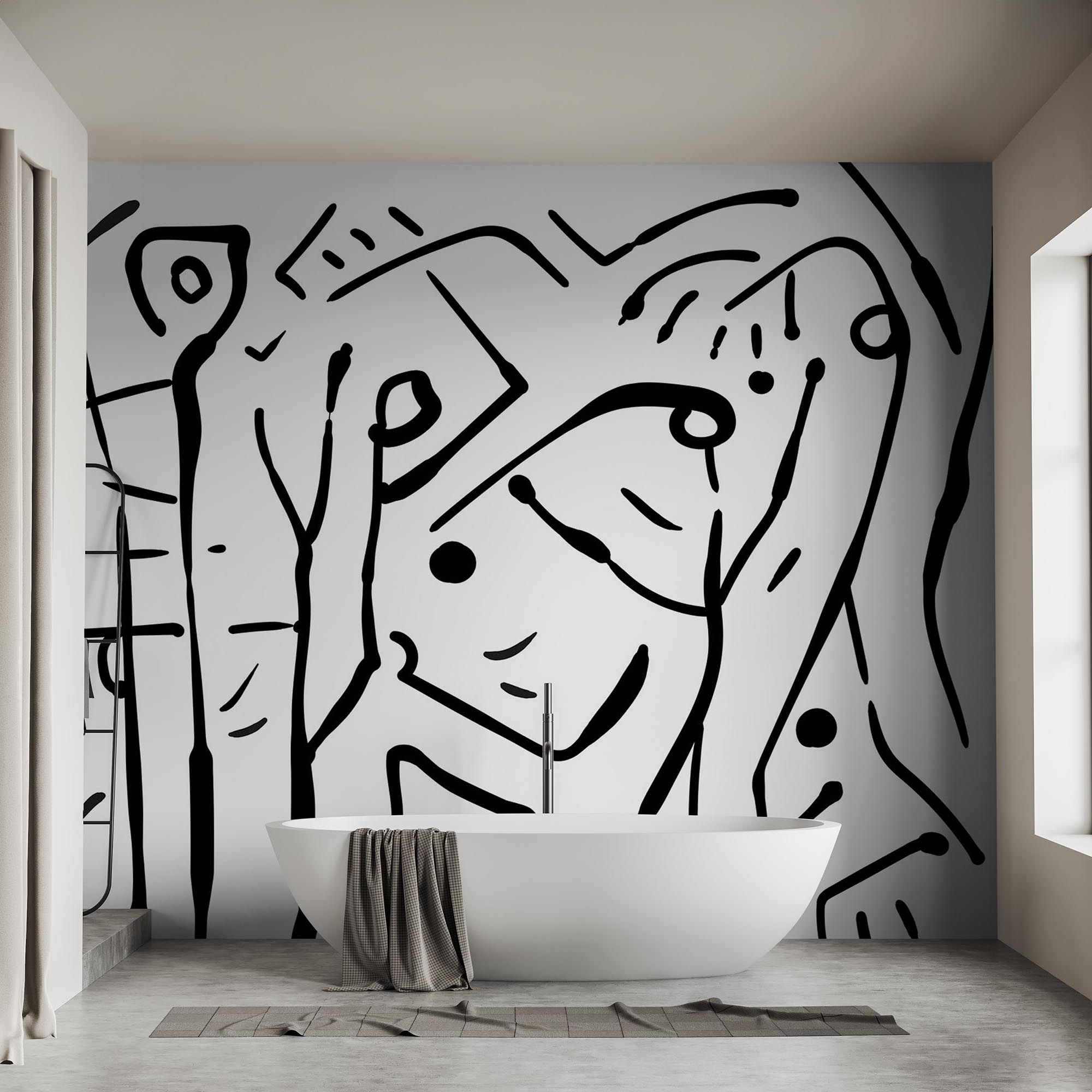 Black and white drawing of a group of people