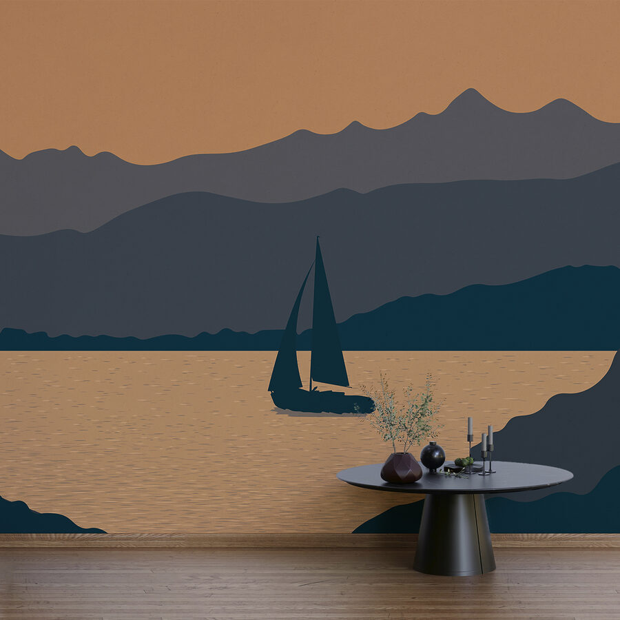 Wall murals Sailboat on water with mountains in the background